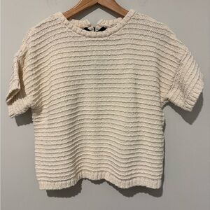 Cream Textured Short Sleeve Top with black tie back